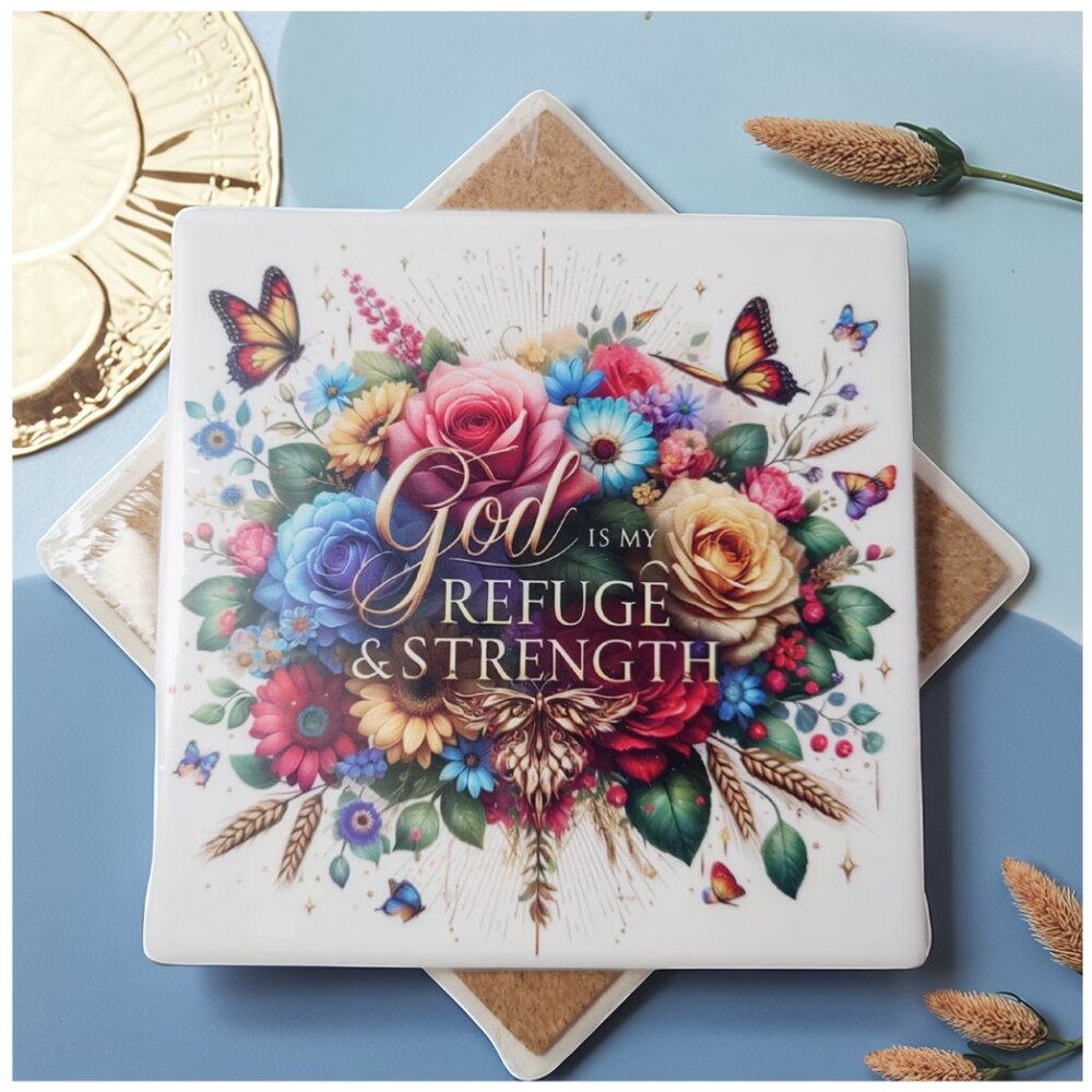 The Crowing Hen - Inspirational Floral Sandstone Coaster – “God is My Refuge"